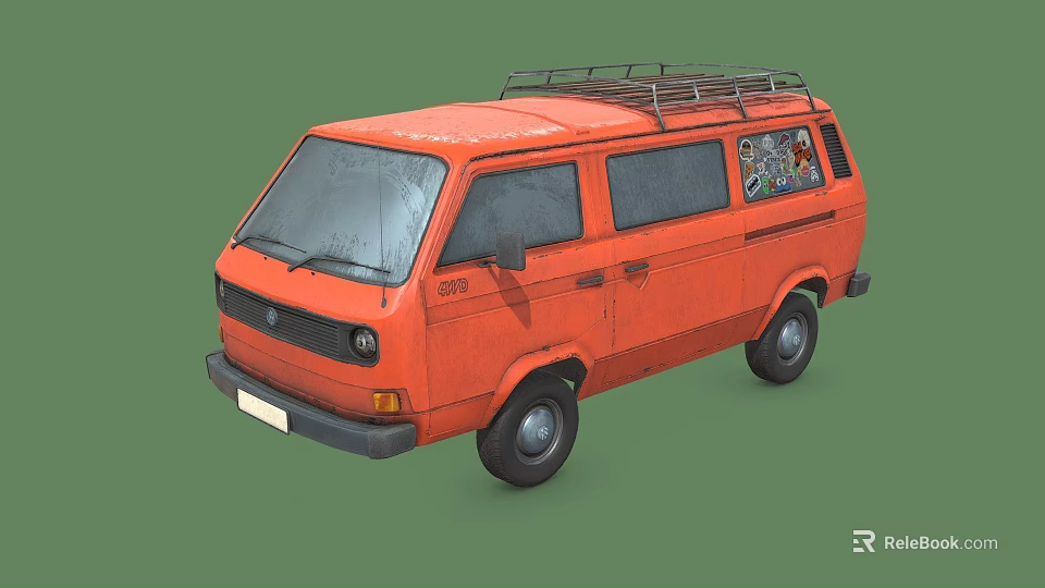 Vintage Orange Van Design With Roof Rack And Retro Window Decals 3d model 