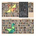 Modern Bookcases Featuring Geometric Shapes Science Art Sections And Blackboard Wall 3d model