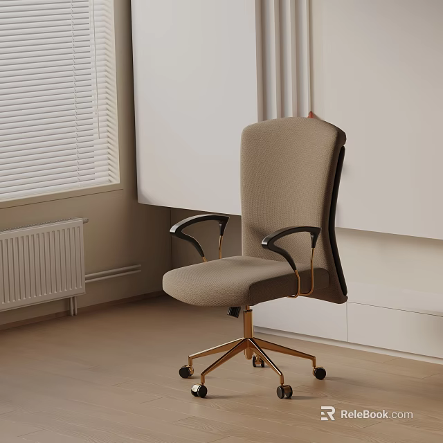 Beige Massage Chair Featuring Black Armrests Golden Base and Wheels in Modern Room Interior 3d model 