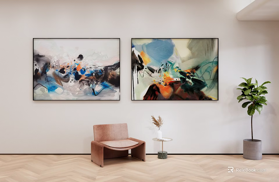 Abstract Paintings On Wall With Brown Chair Small Table And Green Plant 3d model 