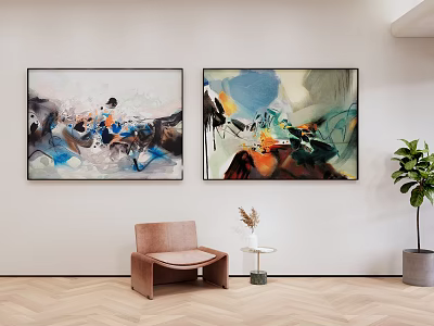 Abstract Paintings On Wall With Brown Chair Small Table And Green Plant 3d model