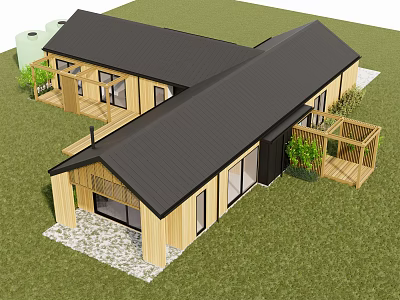 Modern Detached Villa With Black Roof Wooden Exterior Large Windows And Wooden Deck On Lawn 3d model