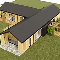 Modern Detached Villa With Black Roof Wooden Exterior Large Windows And Wooden Deck On Lawn
