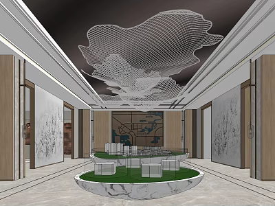 Elegant Sales Office Interior With White Mesh Ceiling Decor And Round Marble Display Platform 3d model