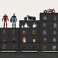 Modern Display Cabinet with Black Frame Glass Doors Layered Shelves Displaying Action Figures Models