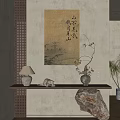 Zen Entryway Hallway With Chinese Painting Table Lamp Vase Branches Cat Figurine Stone And Plant