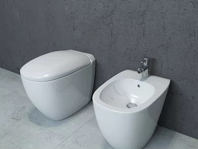 Sleek Modern White Toilet In Bathroom With Gray Walls And Light Colored Floor 3d model