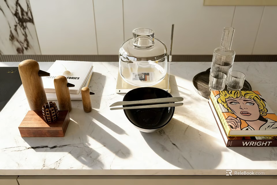 Elegant Decorative Ornament Set with Wooden Pieces Glass Containers and Black Bowl on Marble Countertop 3d model 