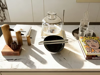 Elegant Decorative Ornament Set with Wooden Pieces Glass Containers and Black Bowl on Marble Countertop 3d model
