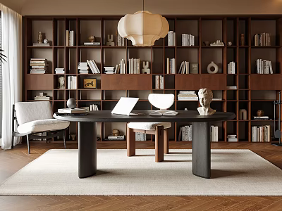 Modern Study Room Interior With Wooden Bookshelves Writing Desk And Pendant Light 3d model