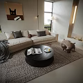 Modern Living Room Interior With Beige Sofa Gray Cushions Black Coffee Table And Cat Painting