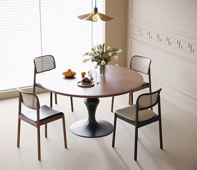Modern Dining Interior With Round Wooden Table Four Woven Backrest Chairs Vase And Fruit Plate 3d model