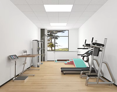 Hospital Outpatient Rehabilitation Space With Fitness Equipment And Natural View 3d model