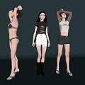 Three Women in Different Outfits Black Top White Skirt Black Boots White T-Shirt and Shorts