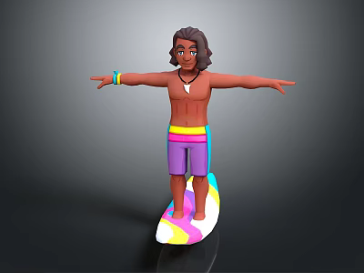 Shirtless Surfer Boy Standing On Colorful Surfboard With Outstretched Arms 3d model