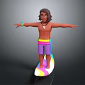 Shirtless Surfer Boy Standing On Colorful Surfboard With Outstretched Arms