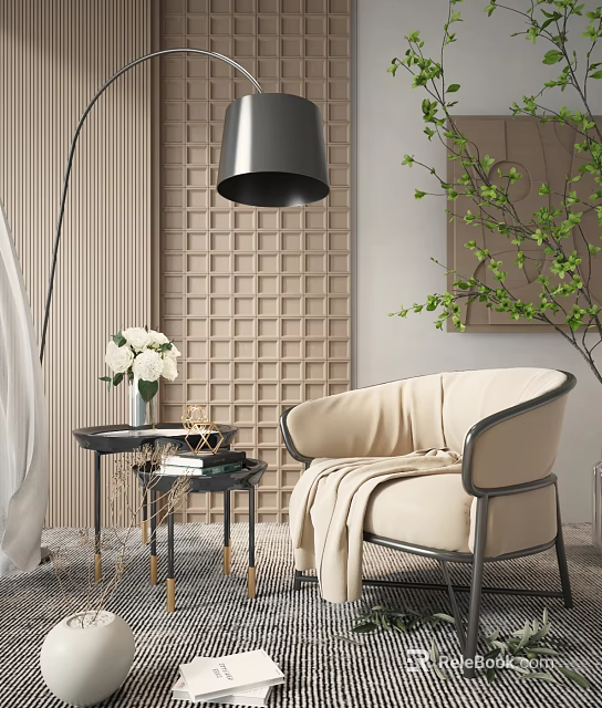 Beige Armchair With Metal Frame Side Table Floor Lamp And Green Plant In Modern Living Room 3d model 