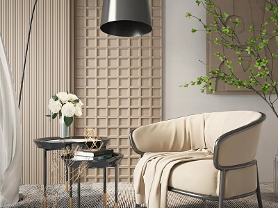 Beige Armchair With Metal Frame Side Table Floor Lamp And Green Plant In Modern Living Room 3d model