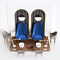 Blue Leisure Chairs In Interior With Arched Gold Framed Windows Round Mirrors Gray Side Chairs