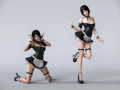 Women In Black And White Maid Outfits Posing Kneeling And Standing With High Heels 3d model