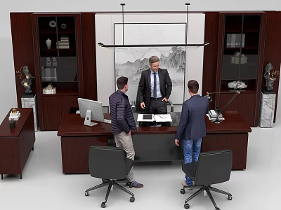 Executive Office Interior With Dark Wooden Desk Three People Discussing Near Bookshelves And Decorative Sculptures 3d model