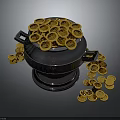 Black Container Filled With Gold Coins Spilling And Scattered Around
