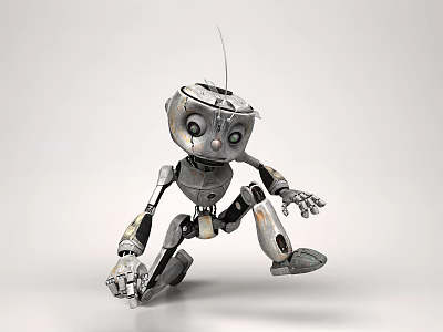 Smart Robot With Weathered Metallic Body Antenna And Mechanical Joints In Crouching Position 3d model