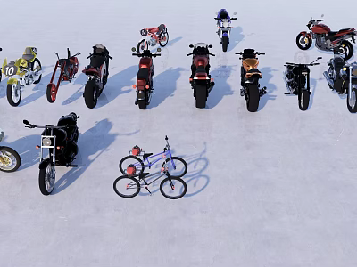 Different Types of Motorcycles Showcased on White Surface with Various Styles 3d model