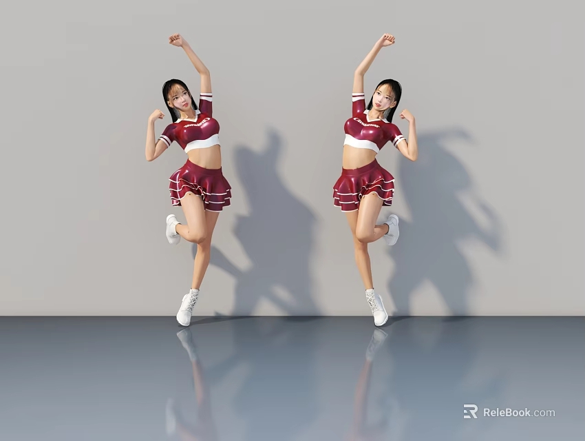 Two Women in Red Cheerleader Uniforms Dancing with Arms Raised on Reflective Floor 3d model 