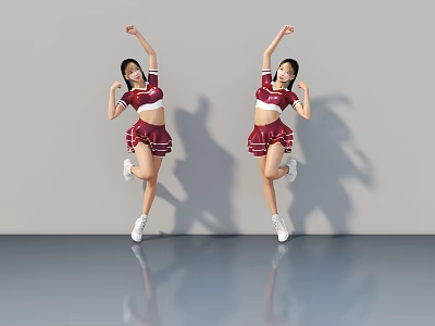 Two Women in Red Cheerleader Uniforms Dancing with Arms Raised on Reflective Floor 3d model