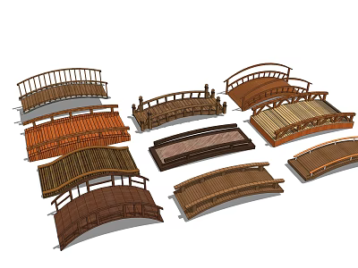 Landscape Bridges With Various Wooden Designs Different Styles And Curved Structures 3d model