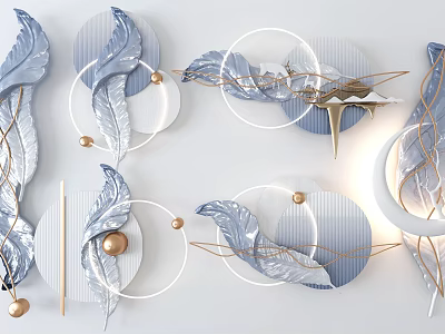 Modern Wall Decor With Feather Shaped Designs Circular Elements And Gold Blue Metal Accents 3d model