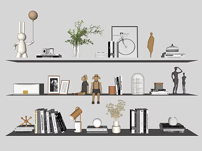 Modern Decorative Ornaments With Rabbit Figurine Bike Model Plant Frames And Books On Shelves 3d model