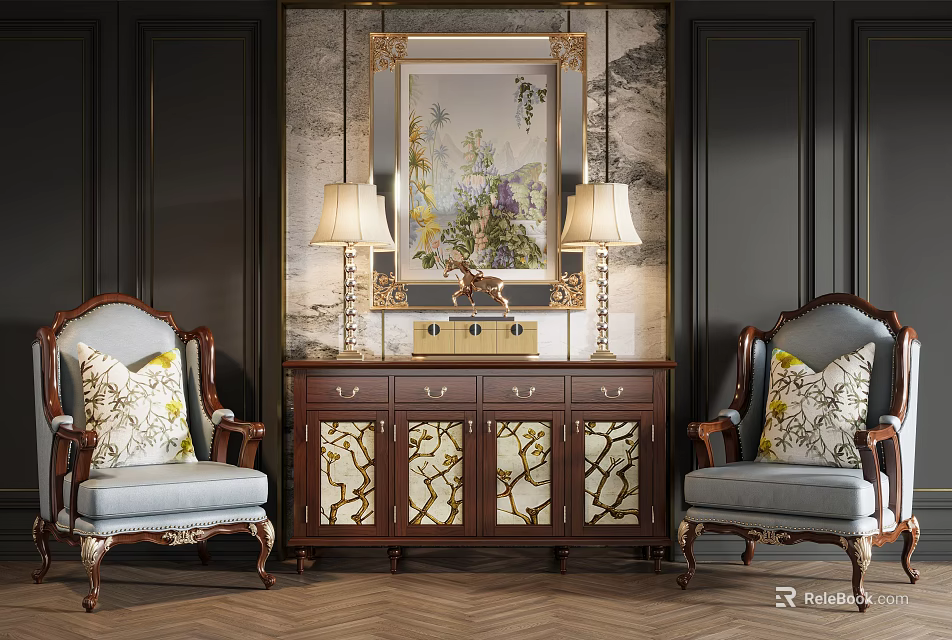 Elegant Console Cabinet with Patterned Glass Doors Decorative Mirror and Table Lamps Between Armchairs 3d model