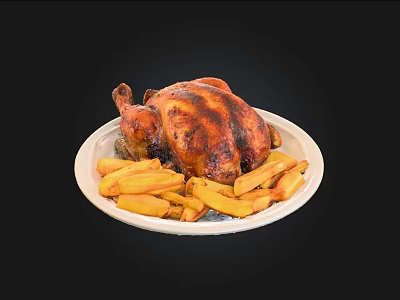 Delicious Golden Roasted Chicken with Crispy French Fries on White Plate 3d model