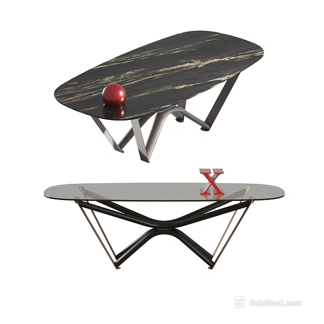 Modern Dining Tables With Black Marble Gold Vein Glass Tops And Metal Cross Bases 3d model 