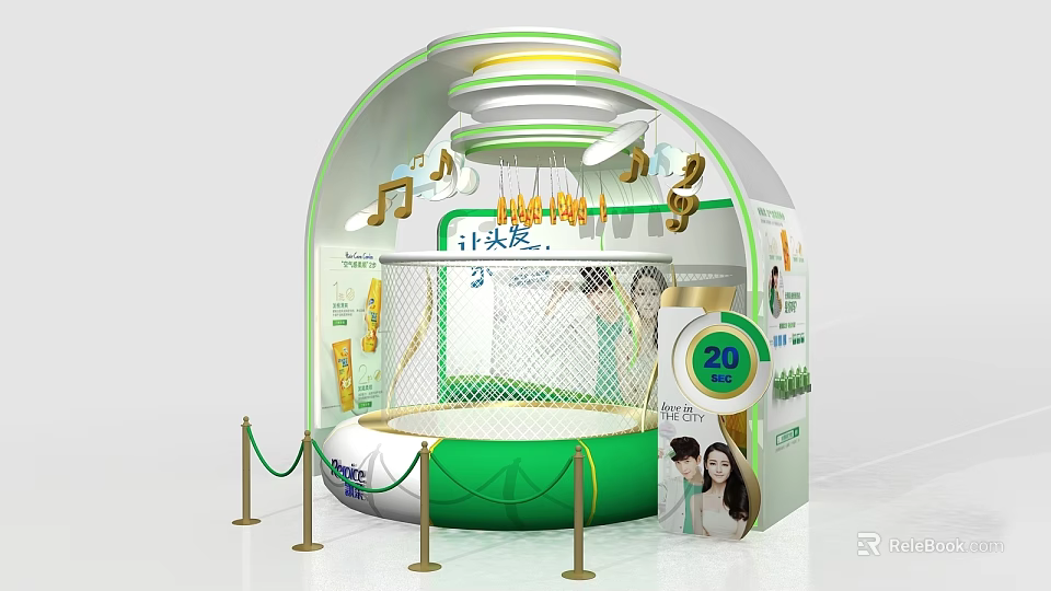 Green And White Art Installation With Dome Trampoline Musical Notes People Images 20 Green Barriers 3d model 