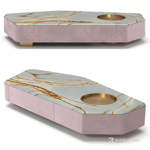 Modern Coffee Table With Light Blue Marble Top Gold Accents And Pink Velvet Base 3d model 