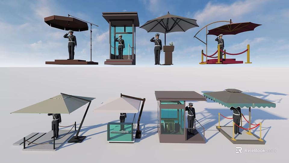 Various Guard Booth Designs With Umbrellas Glass Enclosures Uniformed Staff And Rope Barriers 3d model 