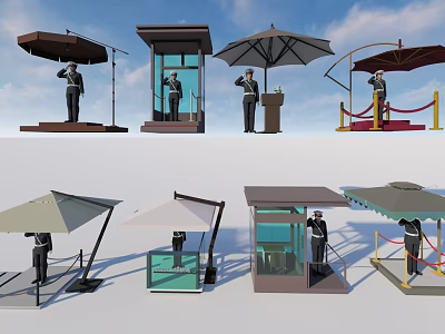 Various Guard Booth Designs With Umbrellas Glass Enclosures Uniformed Staff And Rope Barriers 3d model