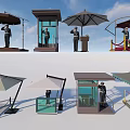 Various Guard Booth Designs With Umbrellas Glass Enclosures Uniformed Staff And Rope Barriers