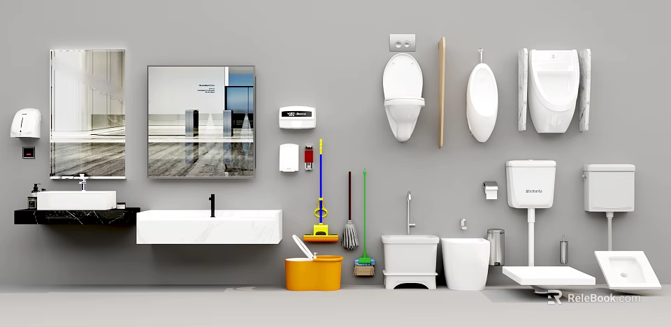 Modern Bathroom Sanitary Set With Mirror Sink Toilet Urinal And Cleaning Tools 3d model 