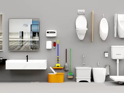 Modern Bathroom Sanitary Set With Mirror Sink Toilet Urinal And Cleaning Tools 3d model