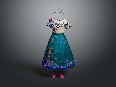 Teal Children's Dress With White Top Floral Embroidery Colorful Patterns And Pink Shoes 3d model