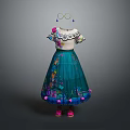 Teal Children's Dress With White Top Floral Embroidery Colorful Patterns And Pink Shoes