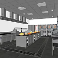 Commercial Kitchen With Stainless Steel Equipment Ovens Island Counter And Range Hoods