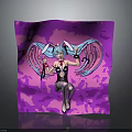 Anime Character With Blue Hair Winged Decorations Black Bodysuit On Purple Background Wielding Weapon