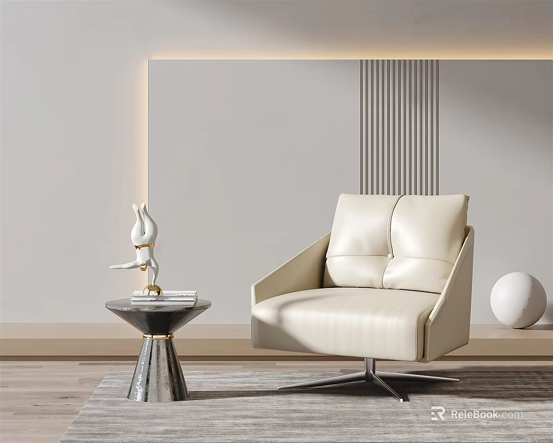 Modern Minimalist Beige Single Sofa With Side Table And Decorative Ornament 3d model