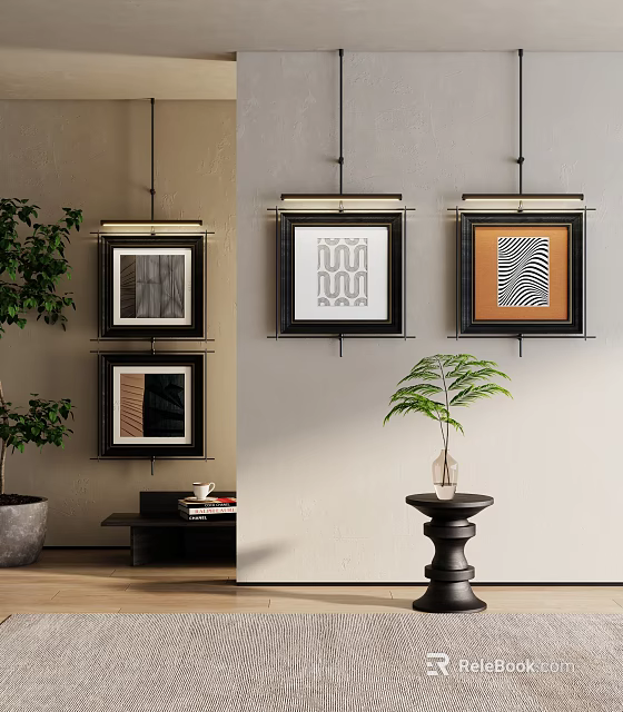 Modern Abstract Paintings Hanging On Wall With Green Plants Small Tables And Decorative Accents 3d model 