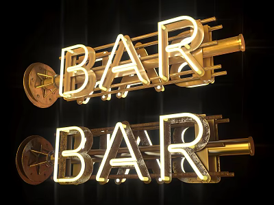 Public Bar Signage With Neon Illuminated Letters And Gold Metal Frame 3d model